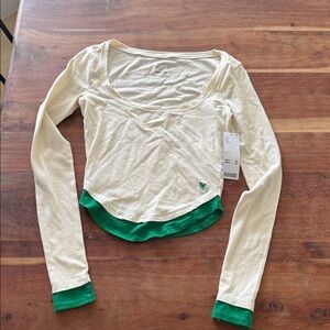 Urban Outfitters Cream Long Sleeve Scoop Top with Green Trim